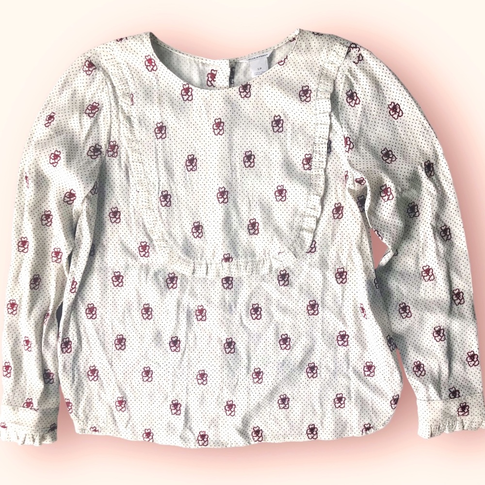 CLUB MONACO WHITE RUFFLE PEASANT BLOUSE FLORAL EMBROIDERED LONG SLEEVE TOP sz S